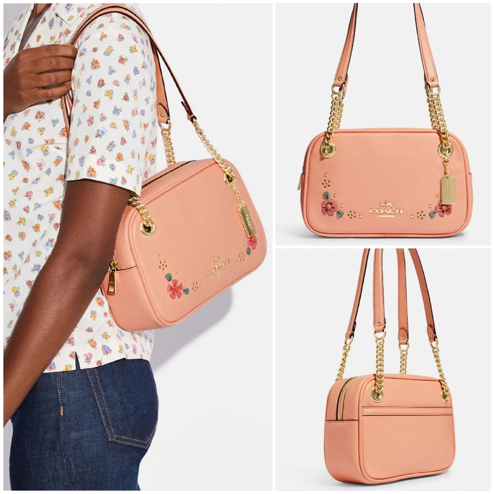 🆕️Coach Cammie Chain Shoulder Bag With Floral Whipstitch Blush Peach Pink
